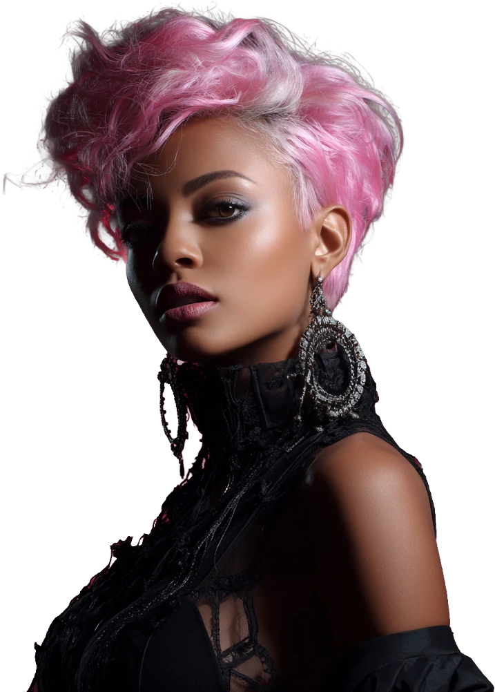 Ogle School student model with pink and silver styled hair and statement earrings