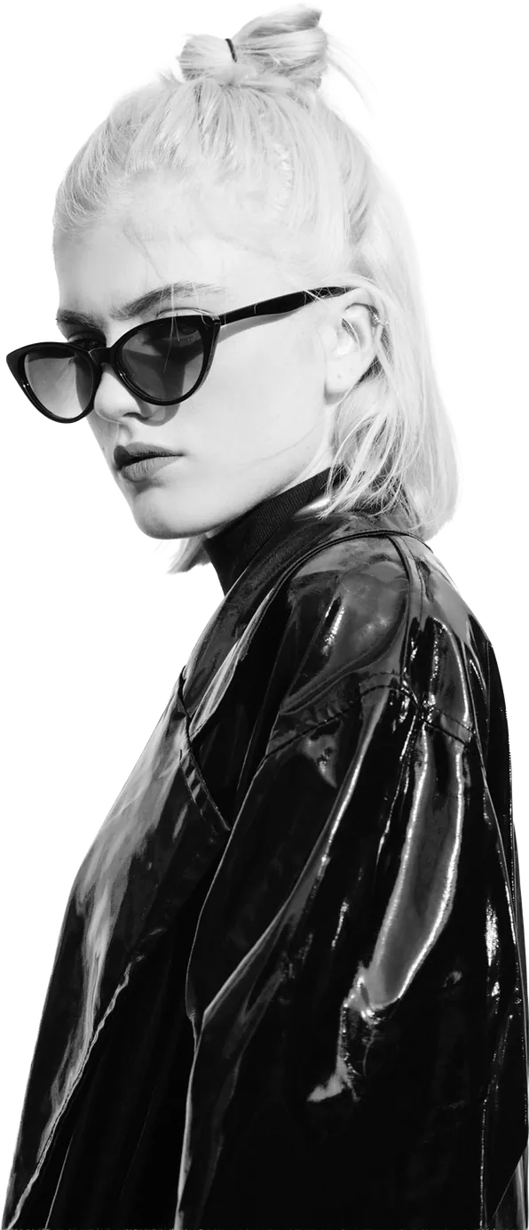 Ogle School student model in sunglasses and a glossy black jacket
