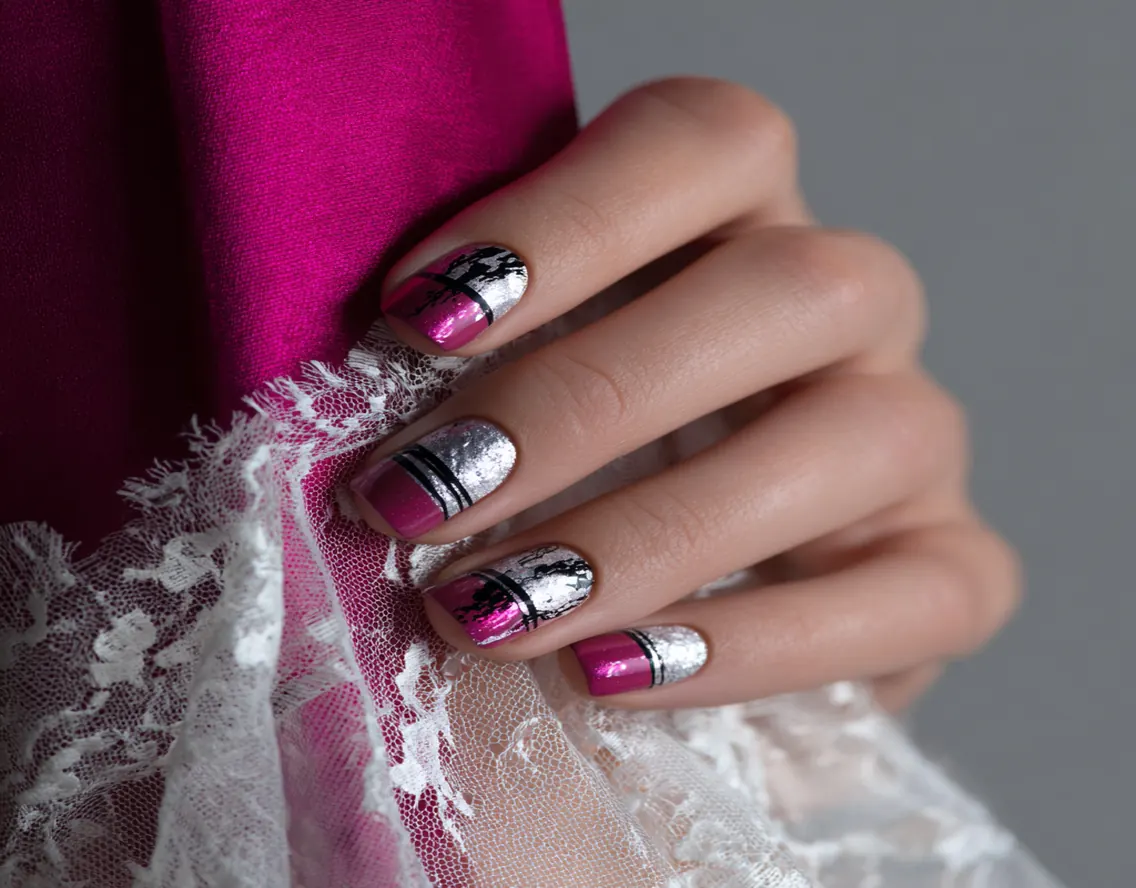 Hand with pink and silver foil nail art against a pink lace fabric