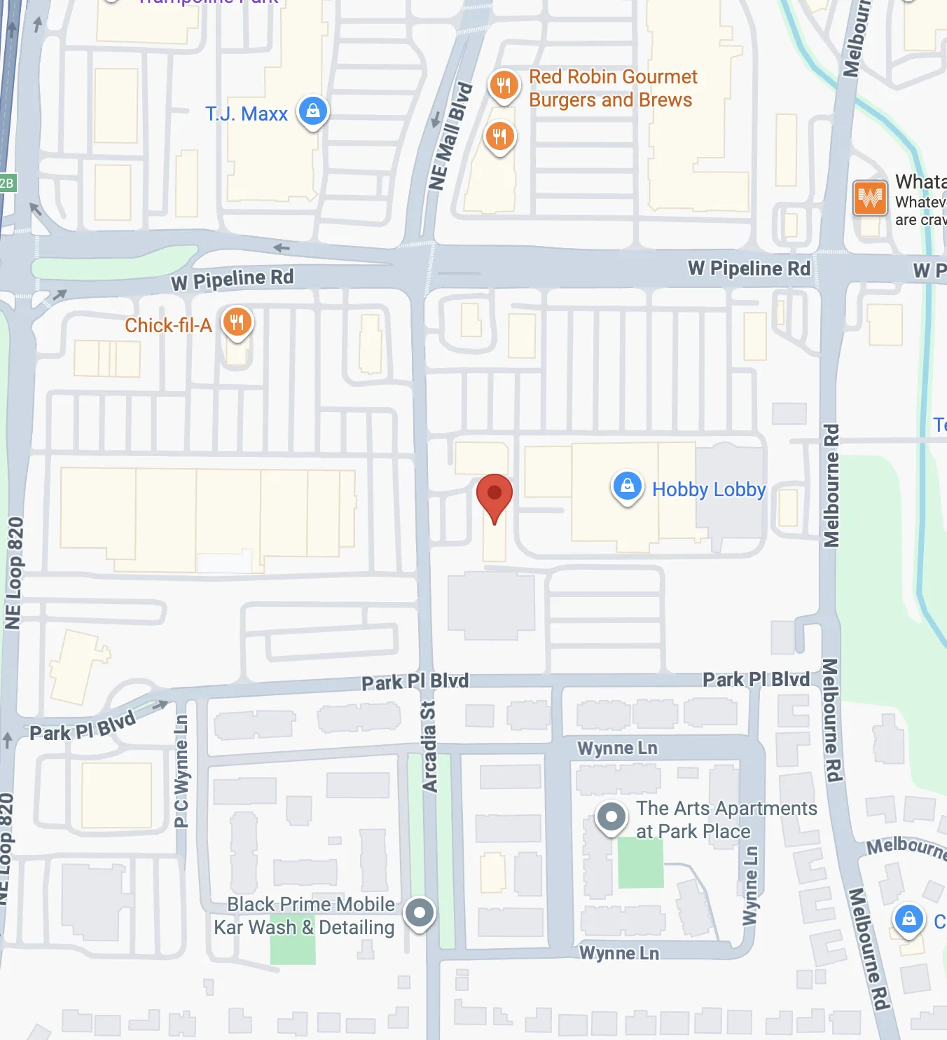 Map of the area around the Ogle School Hurst campus near Park Place Boulevard