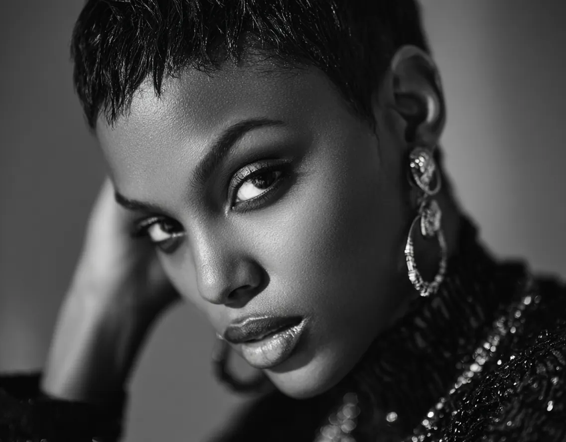 Black-and-white portrait of an Ogle School student model with statement earrings